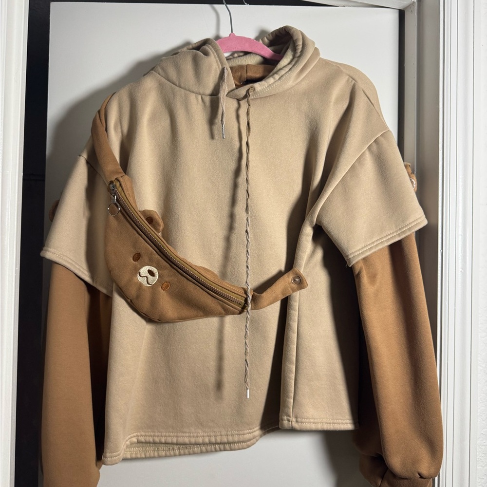 Tan and Brown Hoodie with Bear Crossbody Bag